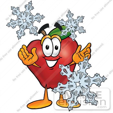 #26672 Clip art Graphic of a Red Apple Cartoon Character With Three Snowflakes in Winter by toons4biz