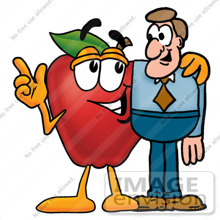 #26674 Clip art Graphic of a Red Apple Cartoon Character Talking to a Business Man by toons4biz