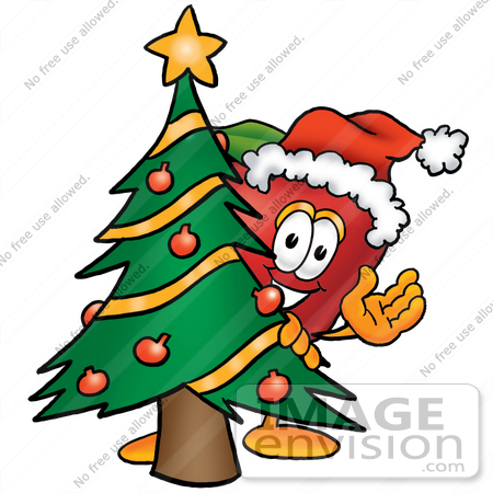 #26675 Clip art Graphic of a Red Apple Cartoon Character Waving and Standing by a Decorated Christmas Tree by toons4biz