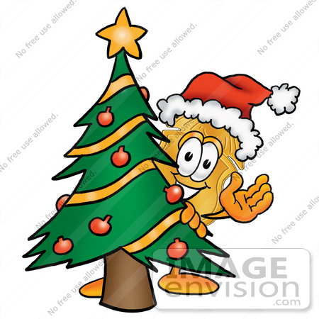 #26680 Clip art Graphic of a Gold Law Enforcement Police Badge Cartoon Character Waving and Standing by a Decorated Christmas Tree by toons4biz
