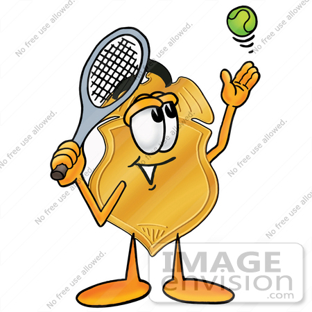 #26681 Clip art Graphic of a Gold Law Enforcement Police Badge Cartoon Character Preparing to Hit a Tennis Ball by toons4biz