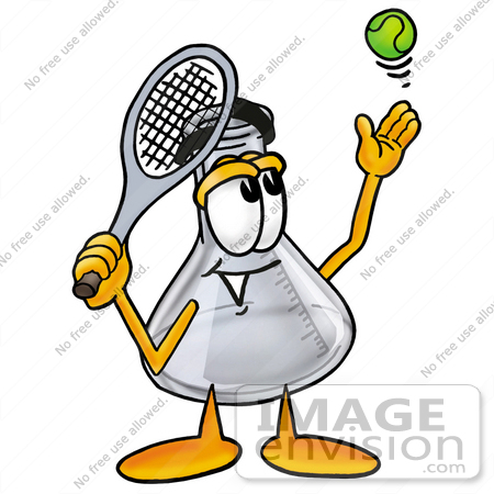 #26723 Clip art Graphic of a Beaker Laboratory Flask Cartoon Character Preparing to Hit a Tennis Ball by toons4biz