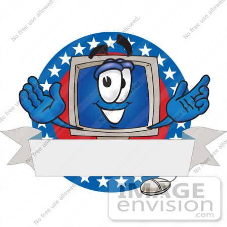 #26727 Clip Art Graphic of a Desktop Computer Cartoon Character Logo With Stars by toons4biz