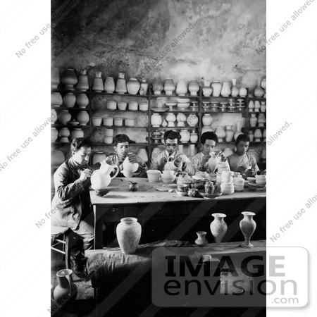 #27016 Stock Photography of A Group Of 5 Young Men Seated At A Table And Hand Painting Jars And Pottery In The Workshop Of The Dome Of The Rock, Via Dolorosa, Jerusalem by JVPD