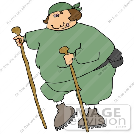 #27041 Fat Woman In Green Sweats, Wearing A Fanny Pack And Holding Onto Two Hiking Sticks While Being A Good Sport About Getting Exercise Clipart Picture by DJArt