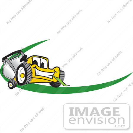 #27377 Clip Art Graphic of a Yellow Lawn Mower Mascot Character Facing Forward, Chewing On A Blade Of Grass, With A Green Dash On A Logo by toons4biz