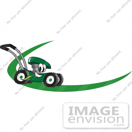 #27378 Clip Art Graphic of a Green Lawn Mower Mascot Character Chewing On A Blade Of Grass And Passing By On A Green Dash On A Logo by toons4biz
