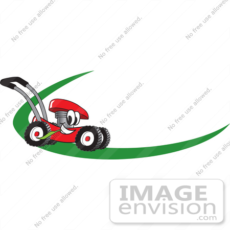 #27379 Clip Art Graphic of a Red Lawn Mower Mascot Character Chewing On A Blade Of Grass And Passing By On A Green Dash On A Logo by toons4biz