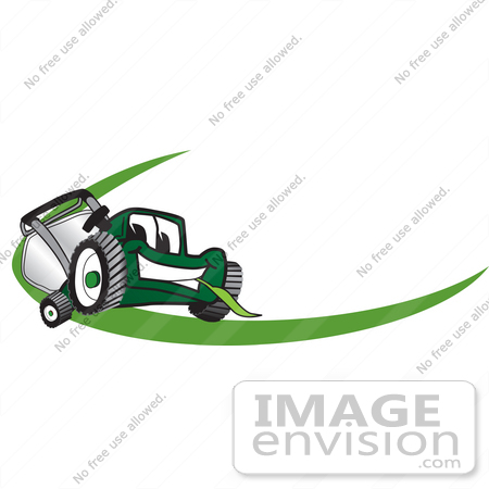 #27380 Clip Art Graphic of a Green Lawn Mower Mascot Character Chewing On A Blade Of Grass, With A Green Dash On A Logo by toons4biz