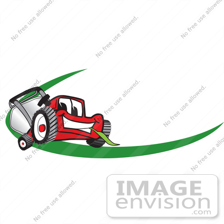#27382 Clip Art Graphic of a Red Lawn Mower Mascot Character Facing Forward, Chewing On A Blade Of Grass, With A Green Dash On A Logo by toons4biz