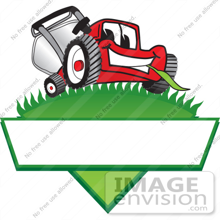 #27383 Clip Art Graphic of a Red Lawn Mower Mascot Character Facing Front And Chewing On A Blade Of Grass On Top Of A Grassy Hill In The Shape Of A Triangle With A Blank Label On A Logo by toons4biz