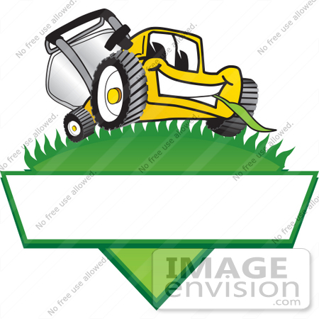 #27385 Clip Art Graphic of a Yellow Lawn Mower Mascot Character Facing Front And Chewing On A Blade Of Grass On Top Of A Grassy Hill In The Shape Of A Triangle With A Blank Label On A Logo by toons4biz