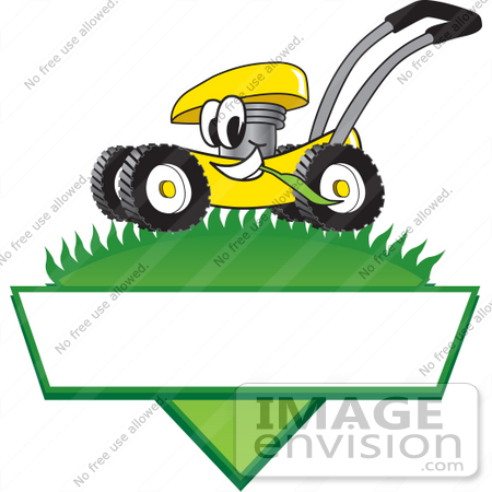 #27387 Clip Art Graphic of a Yellow Lawn Mower Mascot Character In Profile, Glancing As It Speeds Past While Chewing On A Blade Of Grass On Top Of A Grassy Hill In The Shape Of A Triangle With A Blank Label On A Logo by toons4biz