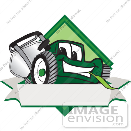 #27390 Clip Art Graphic of a Green Lawn Mower Mascot Character Facing Front of a White Banner Logo by toons4biz
