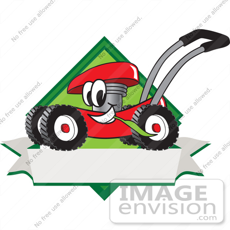 #27392 Clip Art Graphic of a Red Lawn Mower Mascot Character in Profile on a White Banner Logo by toons4biz