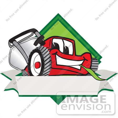 #27394 Clip Art Graphic of a Red Lawn Mower Mascot Character Facing Front of a White Banner Logo by toons4biz