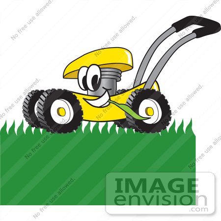 #27395 Clip Art Graphic of a Yellow Lawn Mower Mascot Character Chewing on Grass and Mowing a Lawn by toons4biz