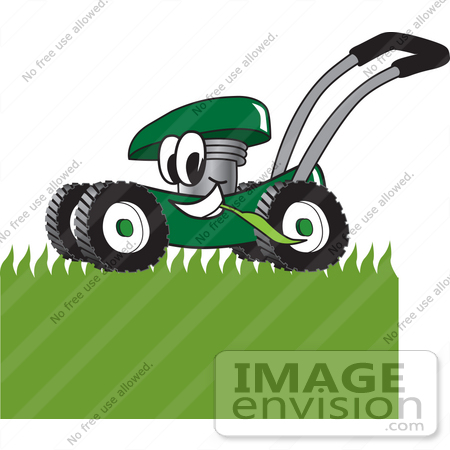 #27396 Clip Art Graphic of a Green Lawn Mower Mascot Character Chewing on Grass and Mowing a Lawn by toons4biz