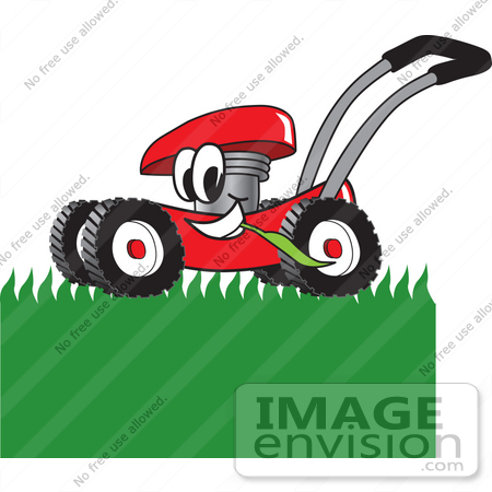 #27397 Clip Art Graphic of a Red Lawn Mower Mascot Character Chewing on Grass and Mowing a Lawn by toons4biz