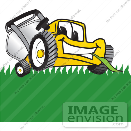 #27399 Clip Art Graphic of a Yellow Lawn Mower Mascot Character Facing Front and Eating a Blade of Grass While Mowing a Lawn by toons4biz