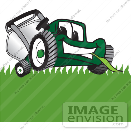 #27400 Clip Art Graphic of a Green Lawn Mower Mascot Character Facing Front and Eating a Blade of Grass While Mowing a Lawn by toons4biz