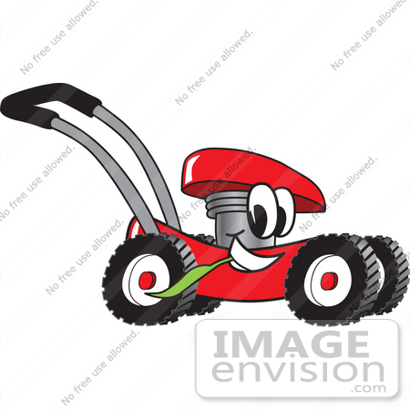 #27402 Clip Art Graphic of a Red Lawn Mower Mascot Character Glancing While Passing by and Chewing on a Blade of Grass by toons4biz
