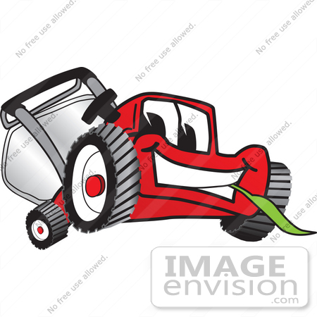 #27405 Clip Art Graphic of a Red Lawn Mower Mascot Character Smiling While Chewing on a Blade of Grass by toons4biz