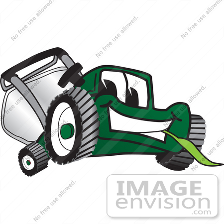 #27406 Clip Art Graphic of a Green Lawn Mower Mascot Character Smiling While Chewing on a Blade of Grass by toons4biz