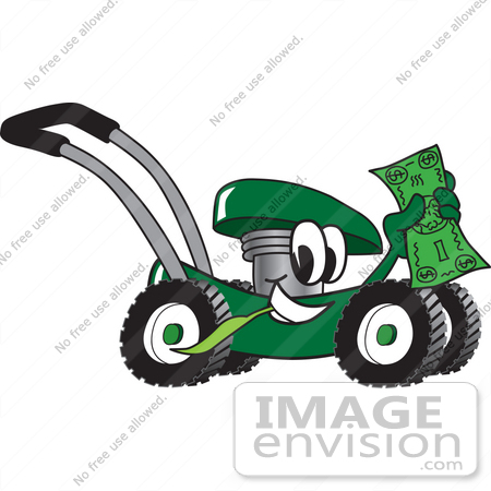 #27411 Clip Art Graphic of a Green Lawn Mower Mascot Character Chewing on a Blade of Grass and Holding up a Dollar Bill While Passing by by toons4biz