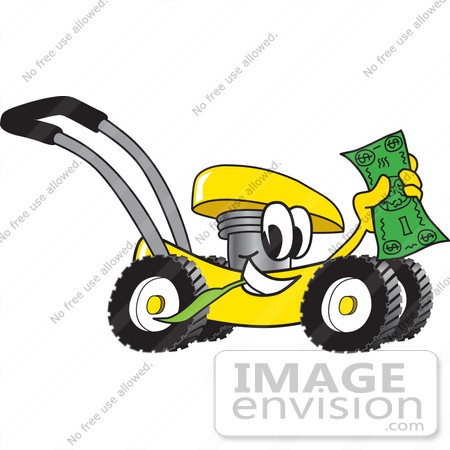 #27412 Clip Art Graphic of a Yellow Lawn Mower Mascot Character Chewing on a Blade of Grass and Holding up a Dollar Bill While Passing by by toons4biz