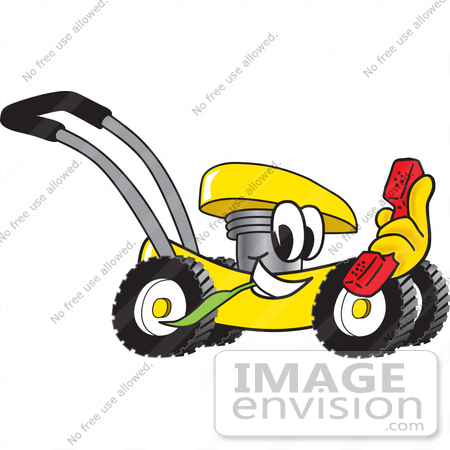 #27414 Clip Art Graphic of a Yellow Lawn Mower Mascot Character Chewing on a Blade of Grass and Holding a Red Phone While Passing by by toons4biz