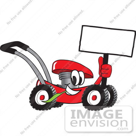 #27416 Clip Art Graphic of a Red Lawn Mower Mascot Character Holding a Blank Sign and Chewing on a Blade of Grass While Passing by by toons4biz