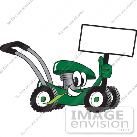 #27418 Clip Art Graphic of a Green Lawn Mower Mascot Character Holding a Blank Sign and Chewing on a Blade of Grass While Passing by by toons4biz