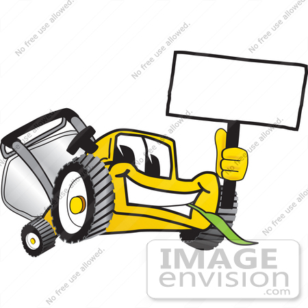 #27421 Clip Art Graphic of a Yellow Lawn Mower Mascot Character Facing Front, Chewing on a Blade of Grass and Holding a Blank White Sign by toons4biz