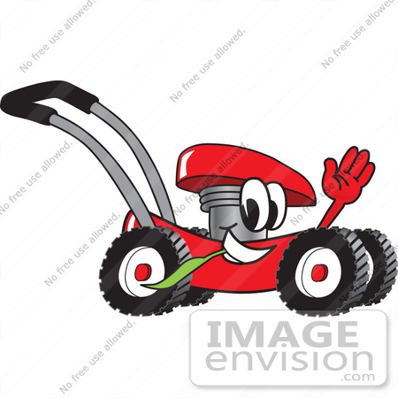 #27423 Clip Art Graphic of a Red Lawn Mower Mascot Character Waving and Chewing on a Blade of Grass While Passing by by toons4biz