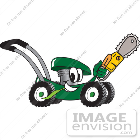 #27427 Clip Art Graphic of a Green Lawn Mower Mascot Character Chewing on a Blade of Grass and Holding a Saw While Passing by by toons4biz