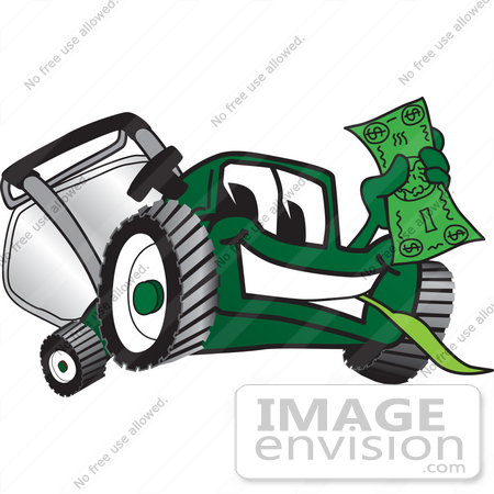 #27431 Clip Art Graphic of a Green Lawn Mower Mascot Character Facing Front, Smiling and Chewing on Grass While Holding a Dollar Bill by toons4biz