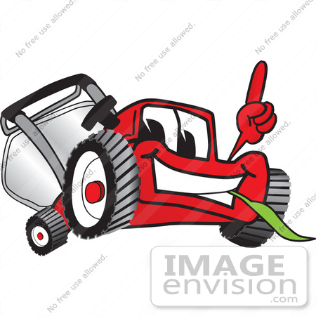#27434 Clip Art Graphic of a Red Lawn Mower Mascot Character Facing Front, Smiling and Eating Grass While Pointing Upwards by toons4biz