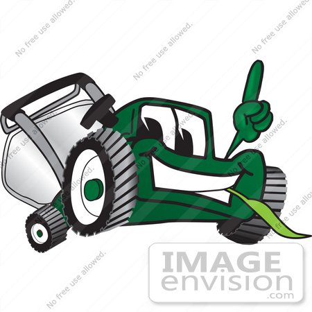 #27436 Clip Art Graphic of a Green Lawn Mower Mascot Character Facing Front, Smiling and Eating Grass While Pointing Upwards by toons4biz