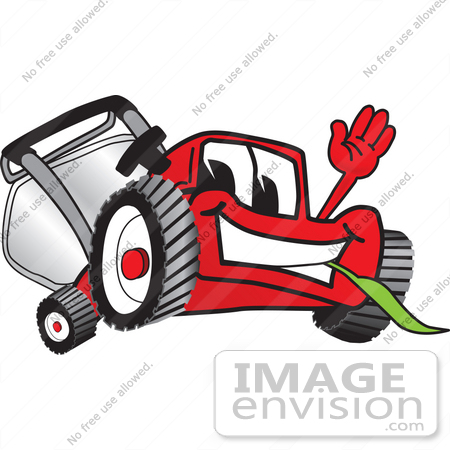 #27439 Clip Art Graphic of a Red Lawn Mower Mascot Character Waving and Chewing on Grass by toons4biz