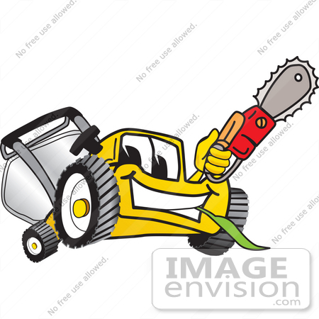 #27440 Clip Art Graphic of a Yellow Lawn Mower Mascot Character Holding a Red Saw by toons4biz