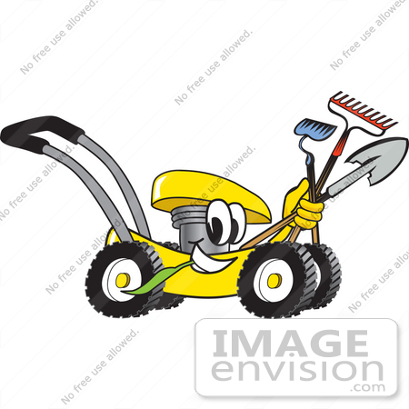 #27445 Clip Art Graphic of a Yellow Lawn Mower Mascot Character Smiling and Chewing on Grass While Passing by and Carrying Garden Tools by toons4biz
