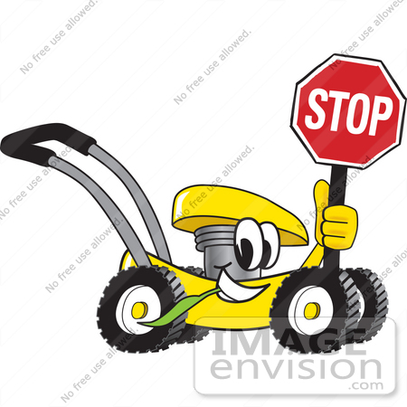 #27450 Clip Art Graphic of a Yellow Lawn Mower Mascot Character Smiling While Passing by, Chewing on Grass and Holding a Stop Sign by toons4biz
