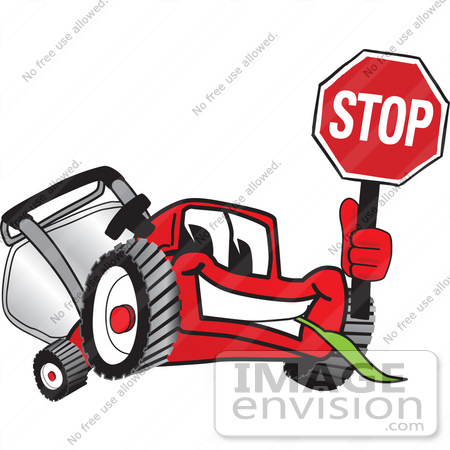 #27451 Clip Art Graphic of a Red Lawn Mower Mascot Character Facing Front and Smiling While Chewing on Grass and Holding a Stop Sign by toons4biz