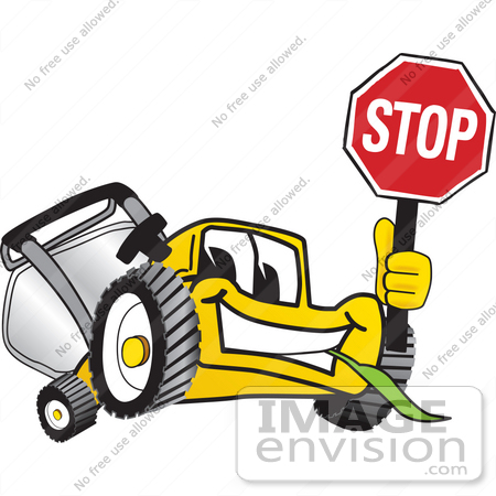 #27454 Clip Art Graphic of a Yellow Lawn Mower Mascot Character Facing Front and Smiling While Chewing on Grass and Holding a Stop Sign by toons4biz