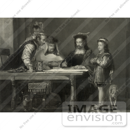 #27455 Illustration of a Little Boy, Probably Diego Colon, And A Dog Standing By A Table Where Christopher Columbus And Three Other Men Listen As Columbus Proposes His Theory Of A New World With Maps by JVPD