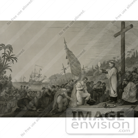 #27457 Illustration of Christopher Columbus And His Crew Men Kneeling In Front Of A Priest During A Religious Service At A Large Cross During The First Landing In The New World by JVPD