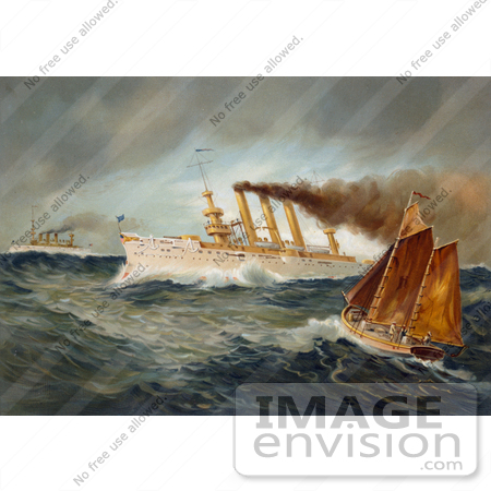 #27492 Illustration of The Steamship New York In The Background Left, The Steamship Brooklyn In The Center, And A Fishing Boat With Sails In The Foreground Out At Sea During The Spanish-American War by JVPD