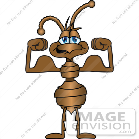 #27501 Clip Art Graphic of a Brown Ant Insect Mascot Character Flexing His Strong Bicep Arm Muscles by toons4biz