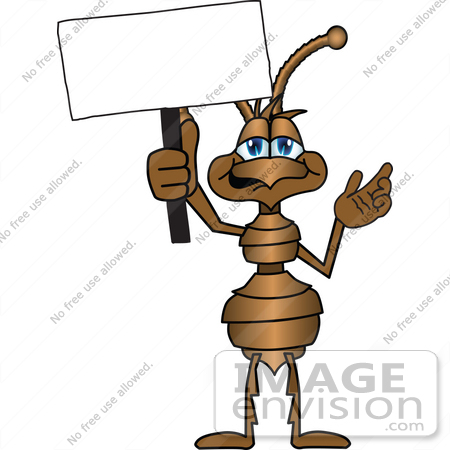 #27504 Clip Art Graphic of a Brown Ant Insect Mascot Character Waving a Blank White Sign by toons4biz